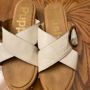 Hush Puppies Cream Crossband Slide Mules with Tortoiseshell Buckle